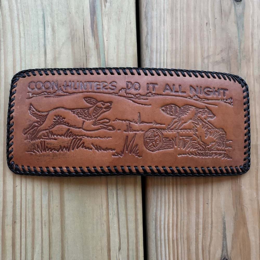 Vintage Handmade Leather Wallet Coon Hunting Bifold Hand Tooled Whipstitch USA